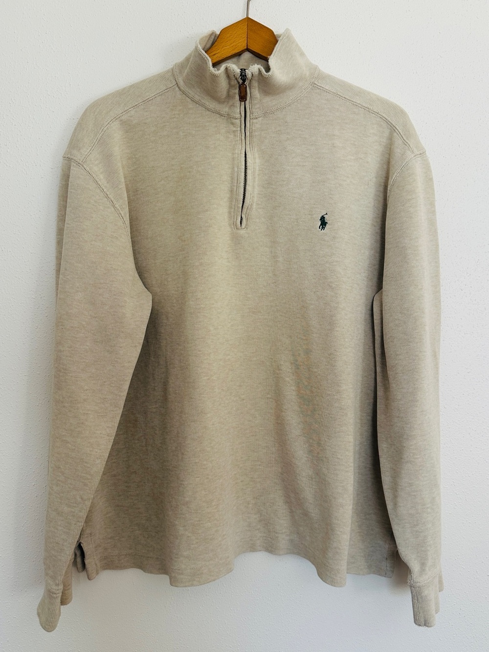 Polo Ralph Lauren Quarter Zip Sweater Mens XL Beige Tan Distressed Vintage